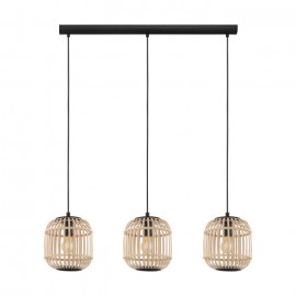 Eglo-BORDESLEY Pendant Light-combination of cane & black metalware-3 Lights Black/Wood